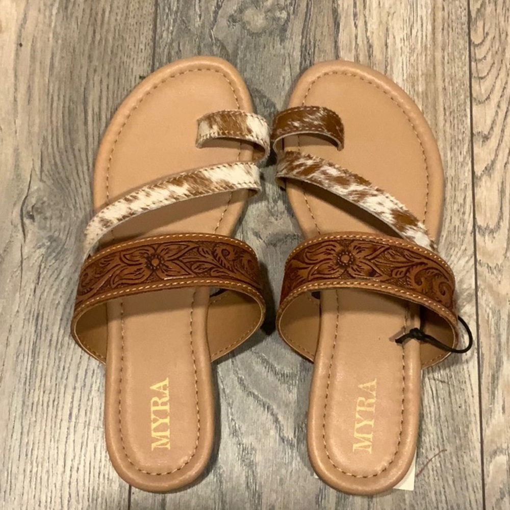 New 
Myra Bag Brown and Cream Sandals with Flat Sole